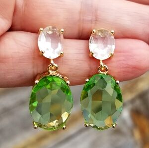 14k Gold Peridot and Herkimer Diamond Stud Earrings, Oval Large Peridot Dangle